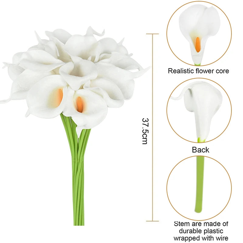 Real Touch Calla Lily Artificial Flowers | White Wedding Bouquet | 5 or 10 Pcs for Bridal Showers, Parties, and Home Decor