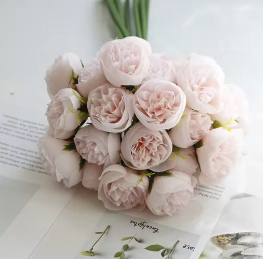 Rose Pink Peony Silk Bouquet - 27 Heads Artificial Flowers for Table Vase and Wedding Decoration